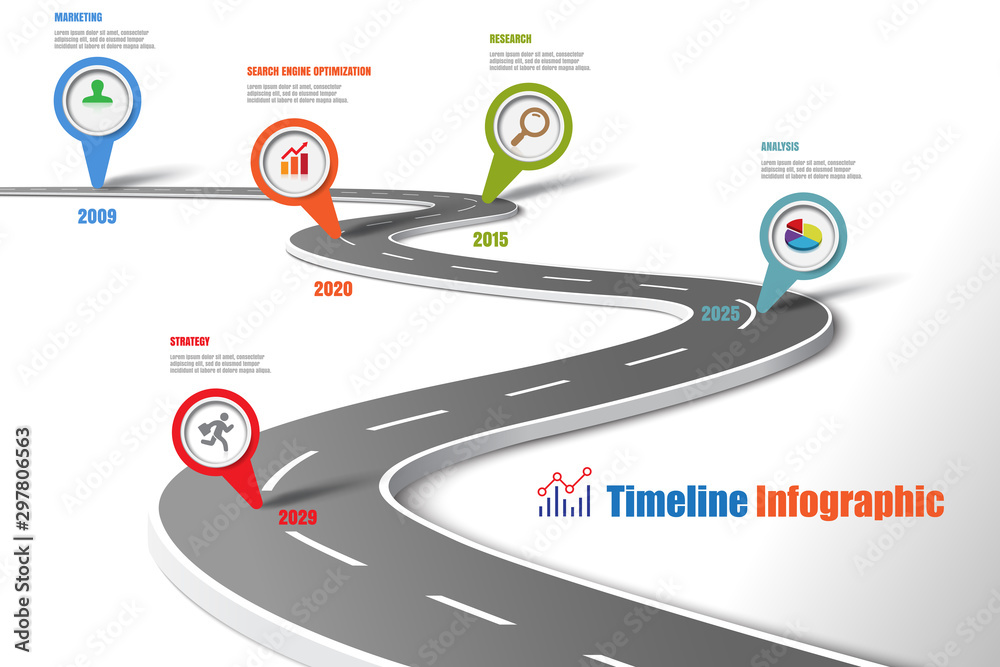 Vetor de Business road map timeline infographic template with pointers ...