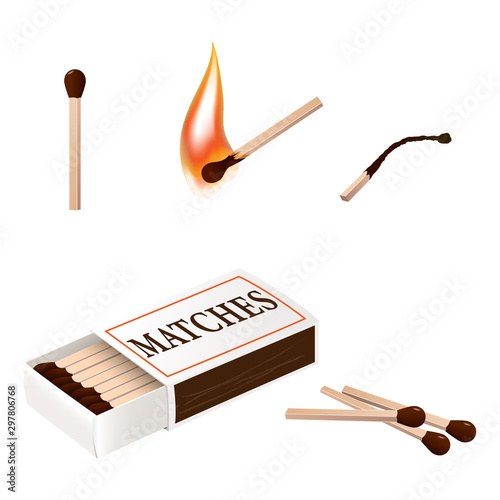 A set of matches, boxes and burning matches.