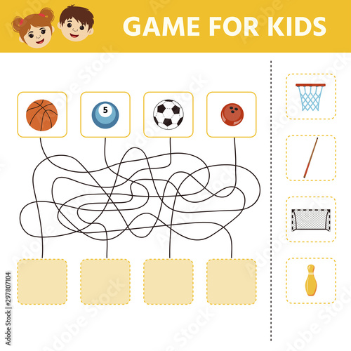Educational game for children. Kids activity sheet. Cartoon sport balls. Connect sports equipment