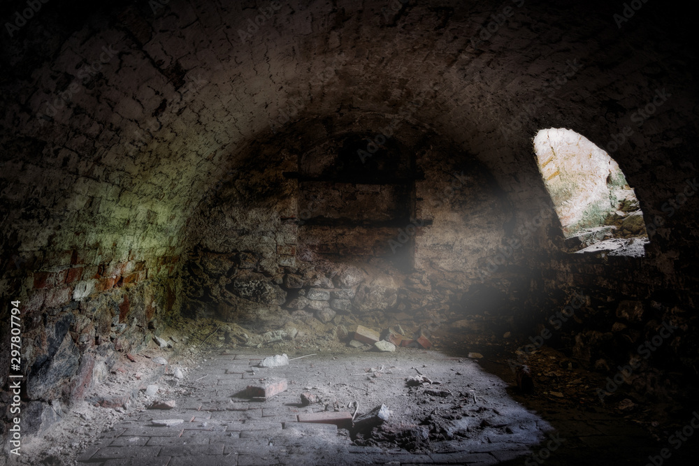 Obraz premium Abandoned empty old dark underground vaulted cellar