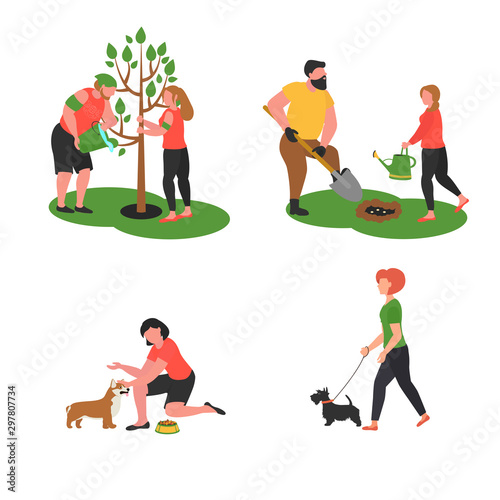 Set of volunteers characters in flat design. Young people planted plants, trees, feeding homeless animals. Charity. Vector illustration