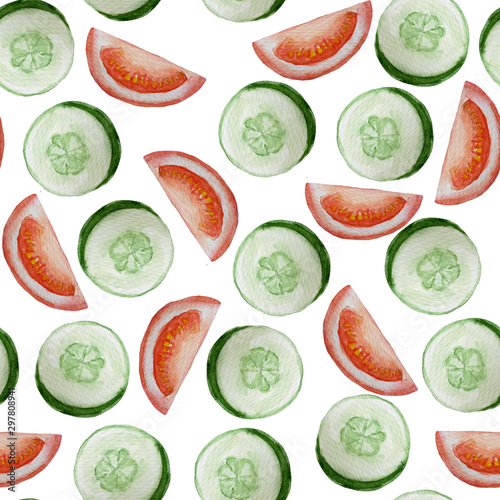 Seamless pattern with sliced cucumber and tomato.