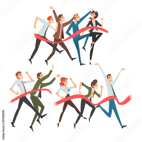 Set of people in office clothes joyfully runs through red tape cartoon vector illustration