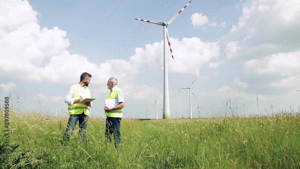 Engineers standing on wind farm, making notes. Engineers standing on wind farm, making notes.