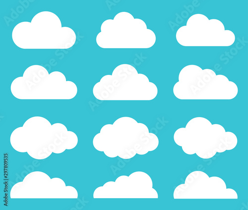 White cartoon flat style clouds icon collection. Weather forecast logo symbol. Vector illustration image. Isolated on blue sky background. © ville