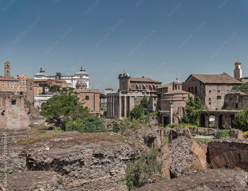 Rome Italy, panoramic view of the roman forum on a sunny day