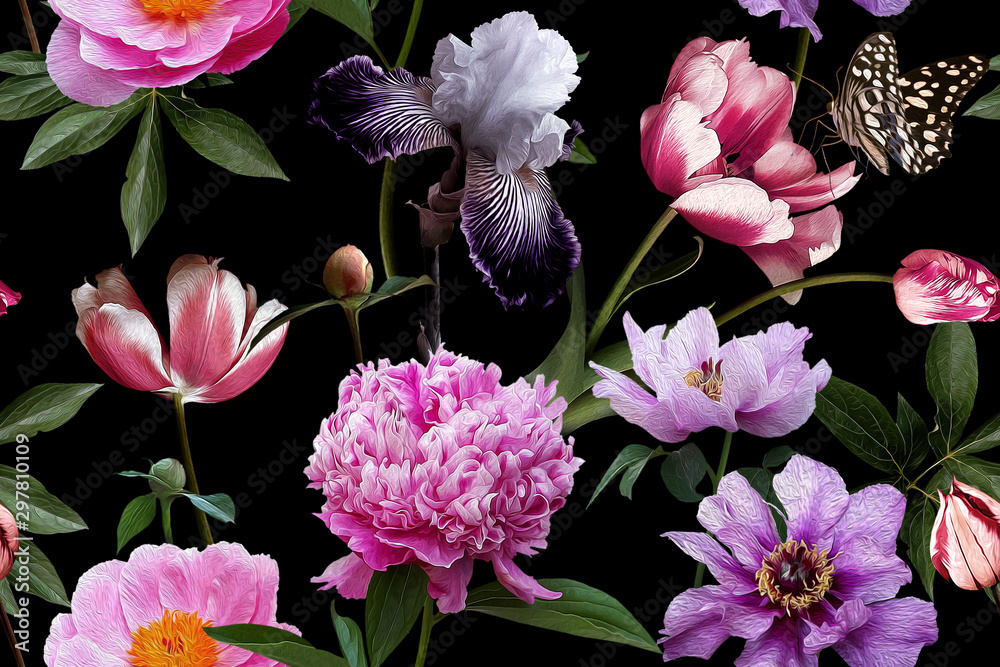 Fototapeta Piękne malowane kwiaty ogrodowe i motyle. Wzór. Kwitnące piwonie, irysy i tulipany na czarnym tle
