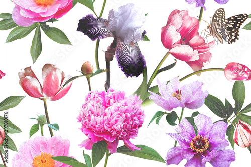 Floral seamless pattern. Beautiful garden flowers and butterflies. Blooming peonies, irises and tulips on white background. Vintage illustration. Background to create paper, wallpaper, summer textile.