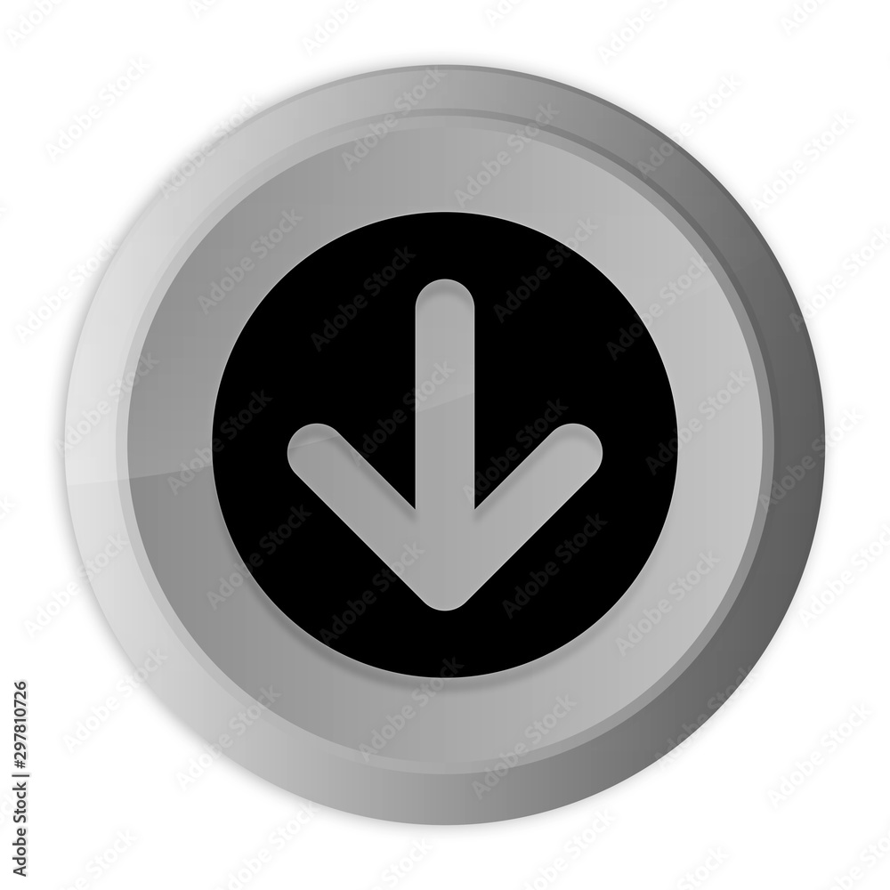 Down arrow icon metal silver round button metallic design circle isolated on white background black and white concept illustration Down arrow icon metal silver round button metallic design circle isolated on white background black and white concept illustration