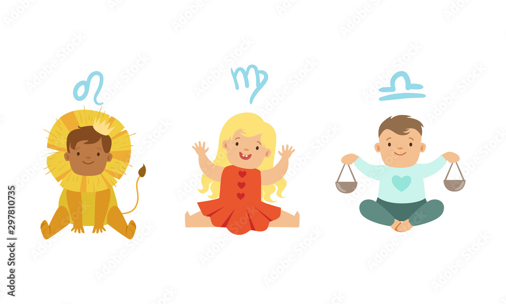 Cute Little Kids Wearing as Zodiac Signs Set, Leo, Virgo, Libra Vector Illustration Cute Little Kids Wearing as Zodiac Signs Set, Leo, Virgo, Libra Vector Illustration