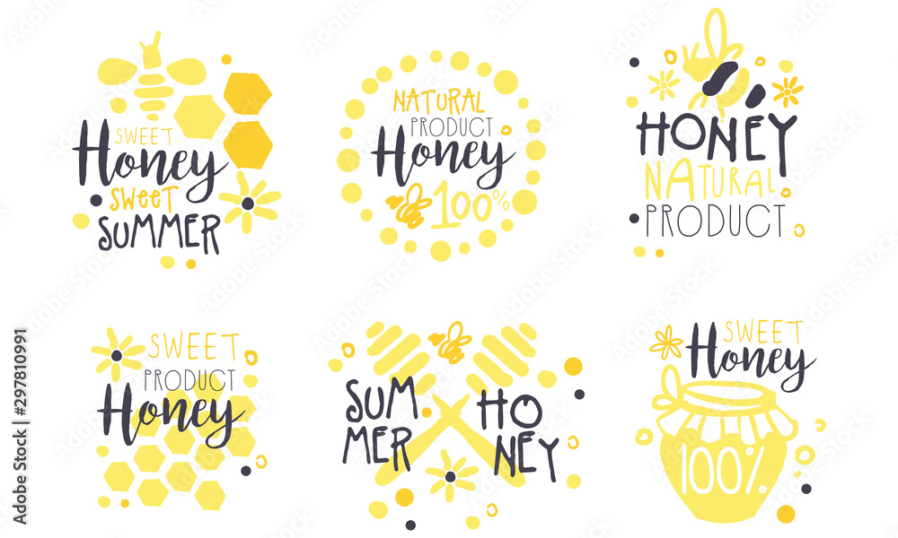Honey Natural Product Logo Set, Sweet Summer Hand Drawn Labels Vector Illustration