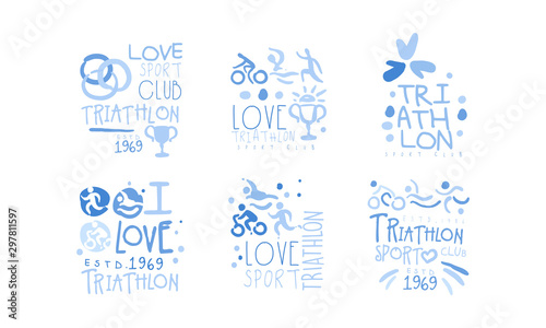 Triathlon Club Logo Set, I Love Sport Hand Drawn Labels Vector Illustration