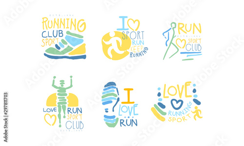Running Sport Club Logo Set, I Love Run Hand Drawn Labels Vector Illustration