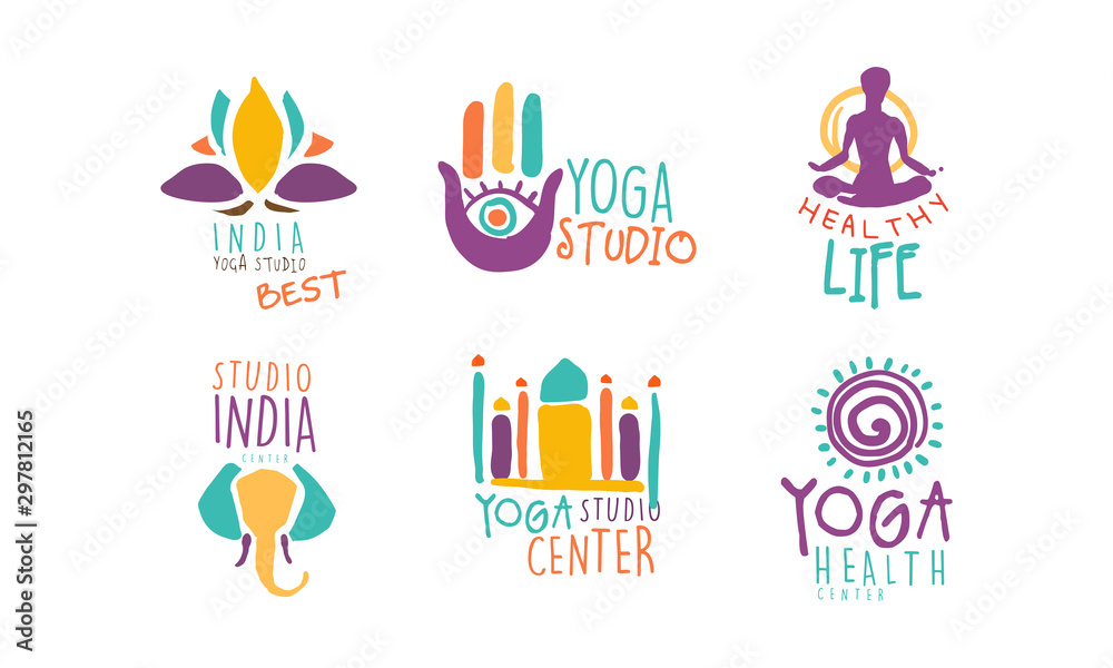 Yoga Studio Logo Set, Healthy Life Center Hand Drawn Labels Vector Illustration