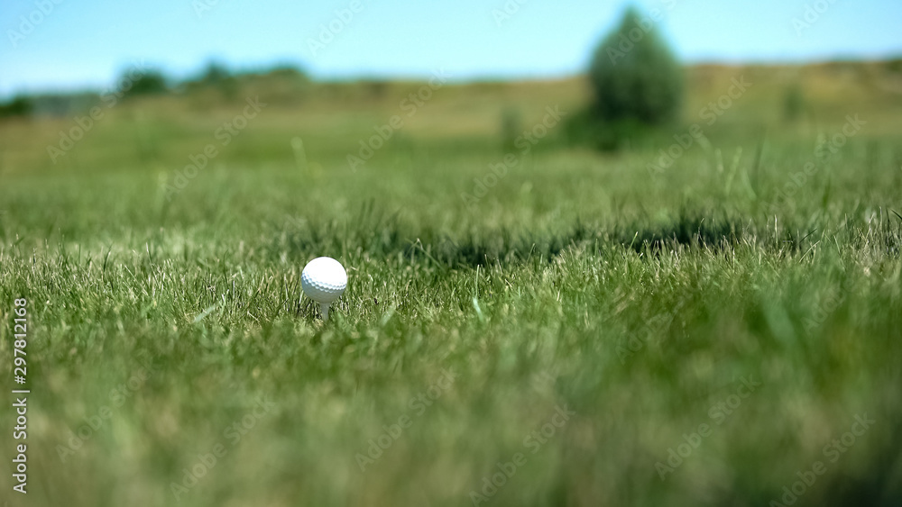 Golf ball on tee at course, professional sport equipment, luxury outdoor hobby Golf ball on tee at course, professional sport equipment, luxury outdoor hobby