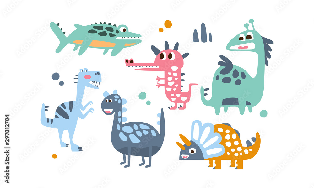 Cute Dinosaurs Set, Adorable Animals Childish Prints Vector Illustration