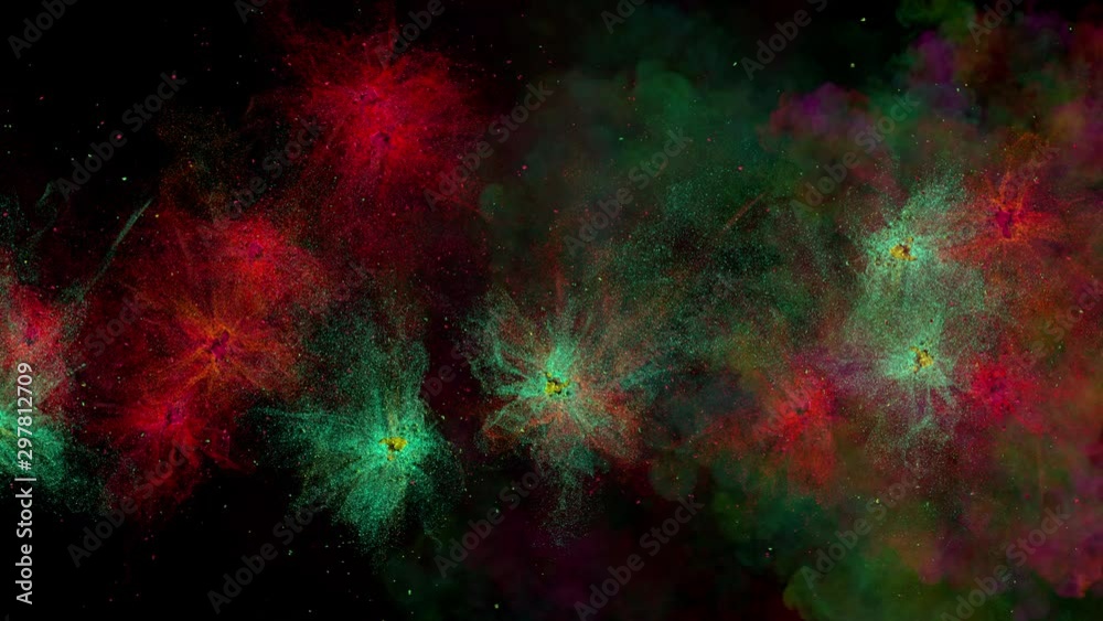 A series of colorfull explosions covering the field. Top view. Separated on pure black background, contains alpha channel. A series of colorfull explosions covering the field. Top view. Separated on pure black background, contains alpha channel.