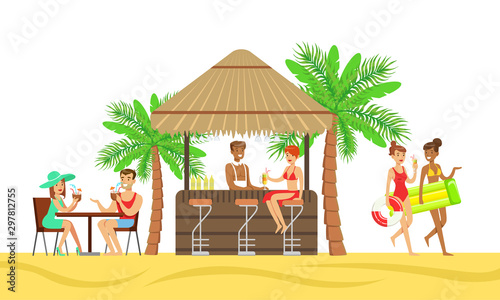 Happy People Sitting in Tropical Beach Cafe, Drinking Cocktails and Talking, Male and Female Tourists on Summer Vacation Vector Illustration