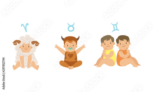 Cute Little Kids Wearing as Zodiac Signs Set, Aries, Taurus, Gemini Vector Illustration