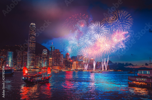 Firework show on Victoria Harbor in Hong Kong 