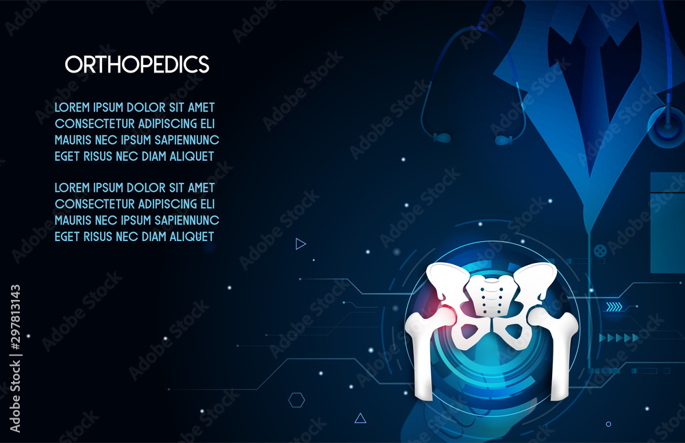 Naklejka premium Medical orthopedic abstract background. Treatment for orthopedics traumatology of hip and pelvis bones and joints injury. Medical presentation, hospital. Vector illustration