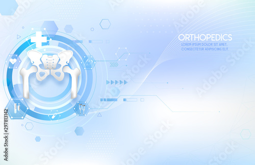Medical orthopedic abstract background. Treatment for orthopedics traumatology of hip and pelvis bones and joints injury. Medical presentation, hospital. Vector illustration