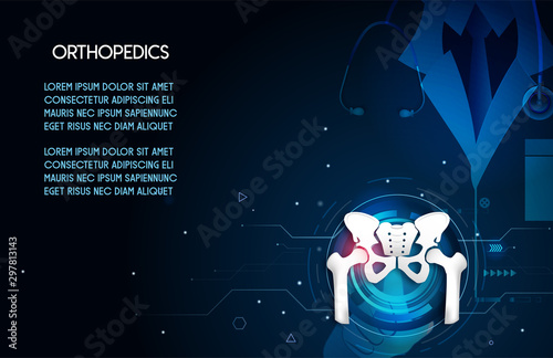 Medical orthopedic abstract background. Treatment for orthopedics traumatology of hip and pelvis bones and joints injury. Medical presentation, hospital. Vector illustration