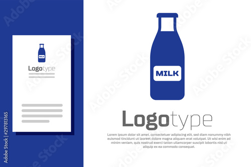 Blue Closed glass bottle with milk and cap icon isolated on white background. Logo design template element. Vector Illustration