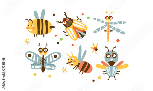 Cute Insects Set, Bee, Colorado Potato Beetle, Dragonfly, Butterfly, Wasp, Fly Childish Prints Vector Illustration © topvectors