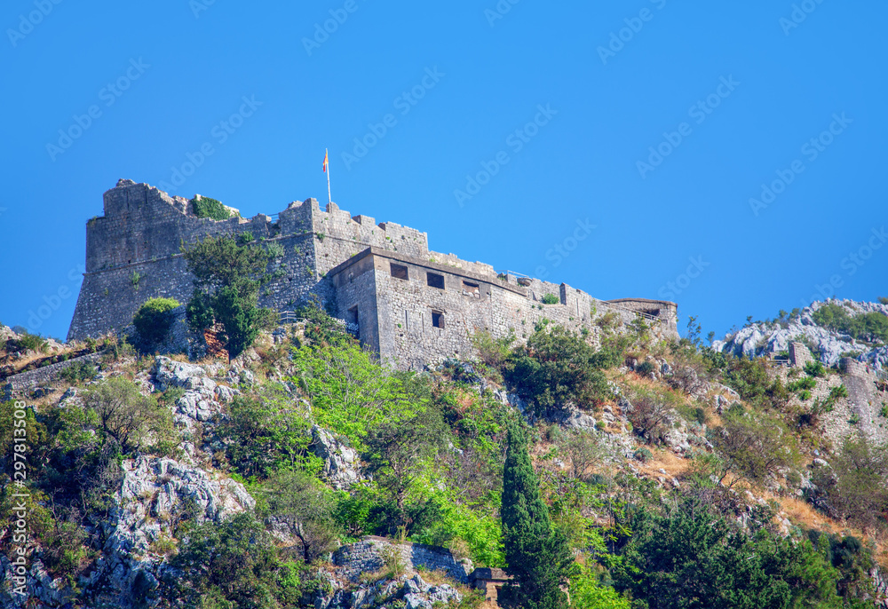 Castle Of San Giovanni on the mountain peak in Kotor town from Montenegro