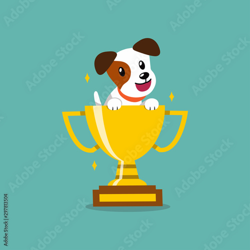 Cartoon vector character jack russell terrier dog with gold trophy cup award for design.