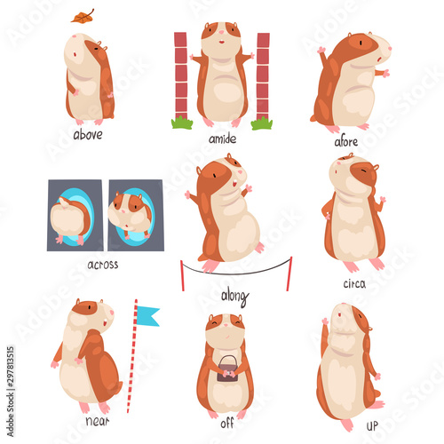 English Language Prepositions of Place and Cute Hamster Character Set, Educational Material for Children Education Vector Illustration