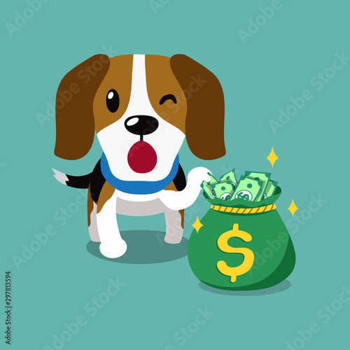 Vector cartoon character cute beagle dog with money bag for design.