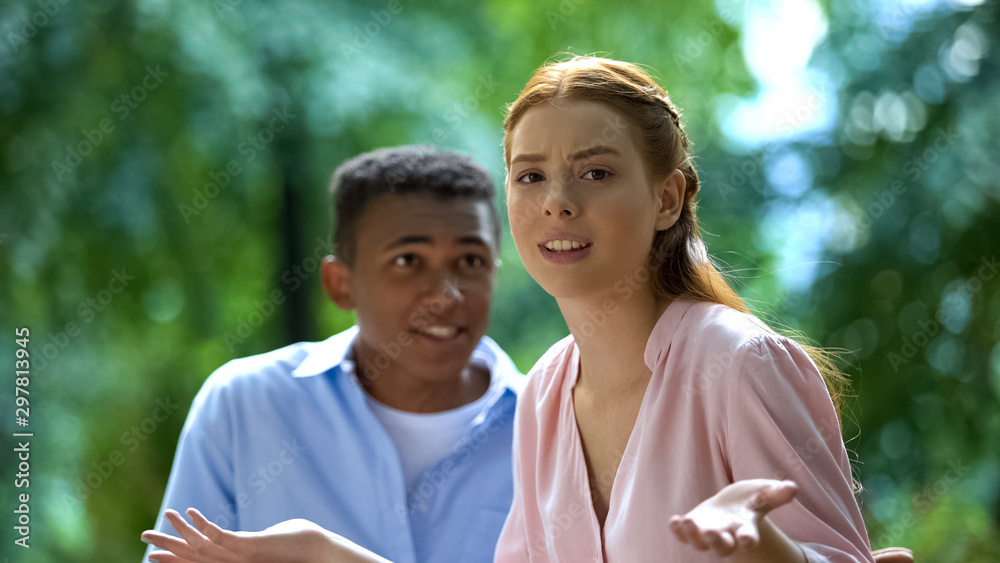 Tired girl disappointed with lying of her black boyfriend, relation conflict Tired girl disappointed with lying of her black boyfriend, relation conflict