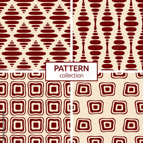 Set of four abstract seamless geometric patterns of regularly repeating geometric shapes.