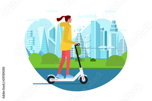 Young female riding electric kick scooter. Activity lifestyle moving concept on future city street. Vector illustration active mobility hipster adult millennial on metropolis cityscape