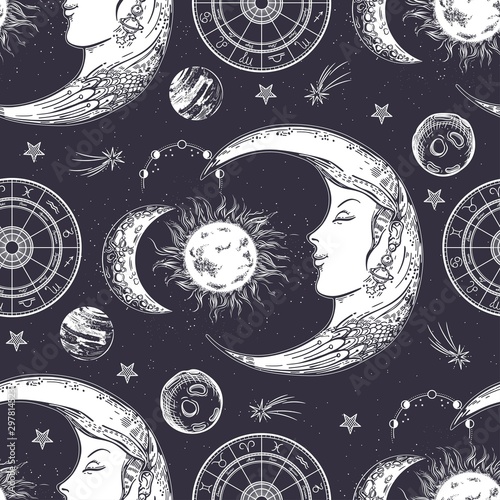 Seamless pattern. Moon face, phases of the moon, sun and crescent. Zodiac circle.