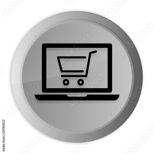 Online shopping cart laptop icon metal silver round button metallic design circle isolated on white background black and white concept illustration