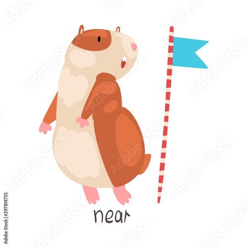 Near English Language Preposition of Place and Cute Hamster Character, Educational Visual Material for Children Education Vector Illustration