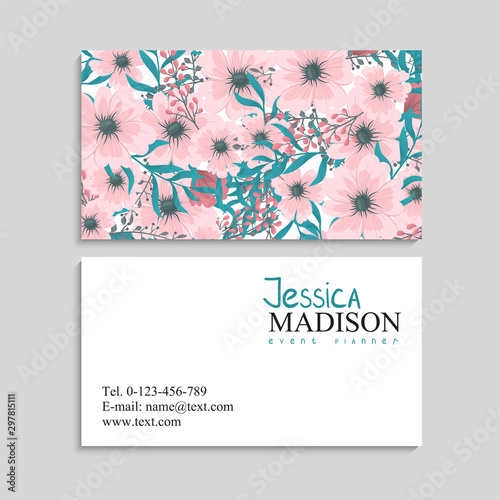 Pink business card template with flowers