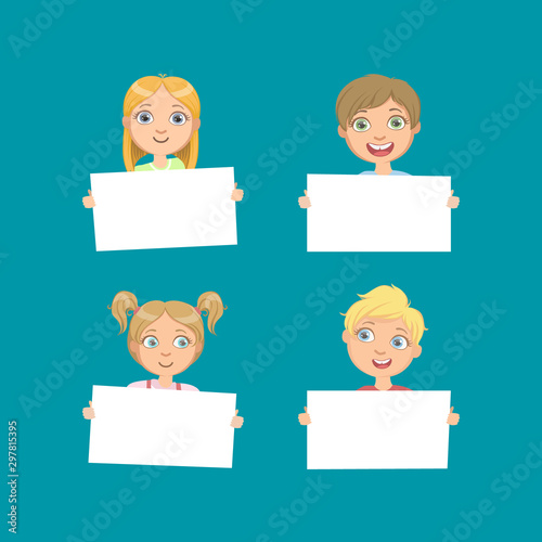 Cute Children Holding Empty Blank Boards Set, Smiling Kids with Banners Vector Illustration