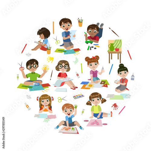 Creative Kids Painting, Modelling from Plasticine, Cutting with Scssors, Children Education and Development in the Round Shape Vector Illustration