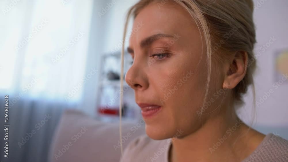 Nervous by online video game woman pushing buttons on joystick, failed round Nervous by online video game woman pushing buttons on joystick, failed round