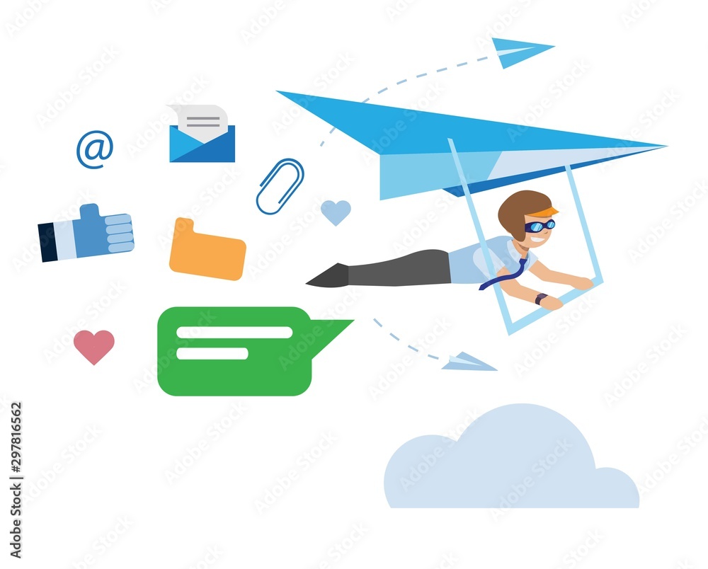 Fototapeta premium modern social networking. office man flying riding paragliding with mail icons illustration concept