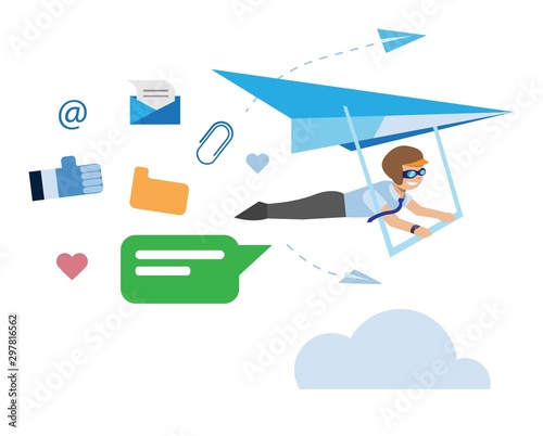 modern social networking. office man flying riding paragliding with mail icons illustration concept