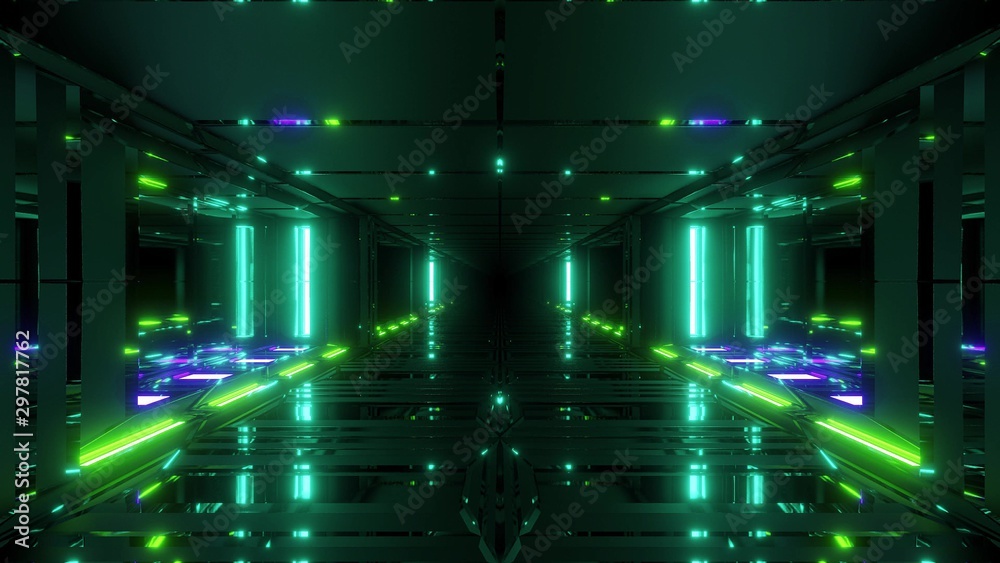 Fototapeta futurystyczny scifi metalowy świątynny tunelowy korytarz z szklanymi dolnymi światłami 3d renderingu tła tapeta
