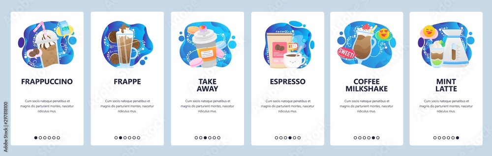 Mobile app onboarding screens. Coffee drinks, espresso, frappe, cup of coffee take away, cafe menu. Menu vector banner template for website and mobile development. Web site design flat illustration - obrazy, fototapety, plakaty 