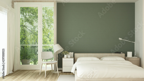 Bedroom and living area on forest view for hotel or villa artwork - Bedroom in house or apartment on meadow and forest view background - 3D Rendering