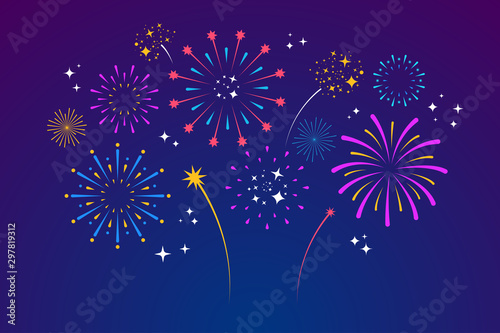 Fotografia Decorative colorful fireworks explosions isolated on dark background