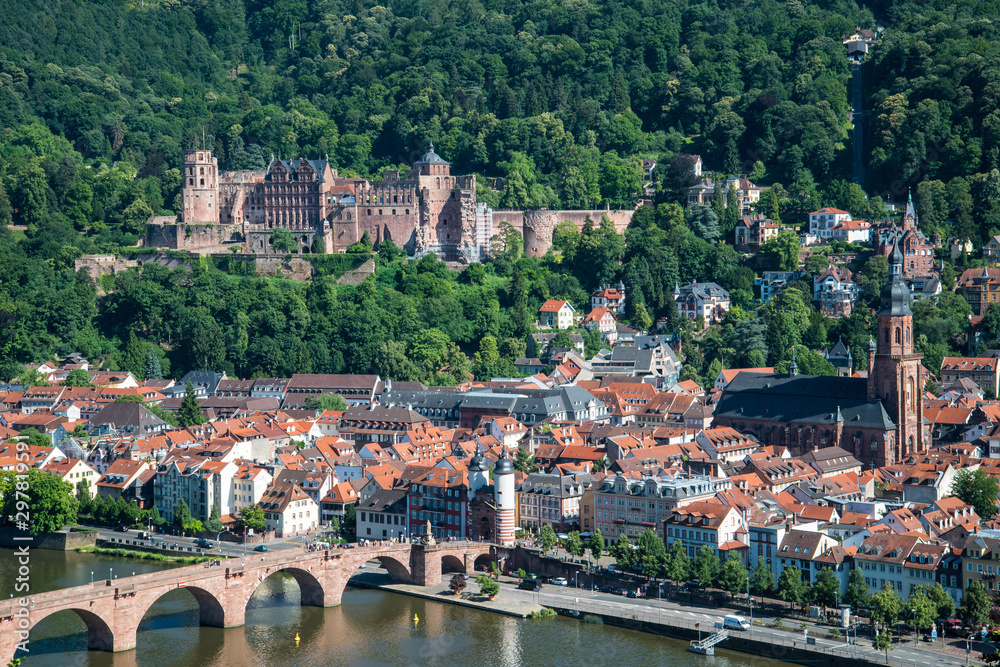 Panoramic aerial view of Heidelberg and ruins of Heidelberg Castle (Heidelberger Schloss) in a beautiful summer day, Germany